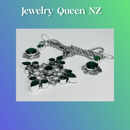 Chrome Diopside flower earrings and Moonstone pendant Jewelry Sets