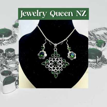 Chrome Diopside flower earrings and Moonstone pendant Jewelry Sets