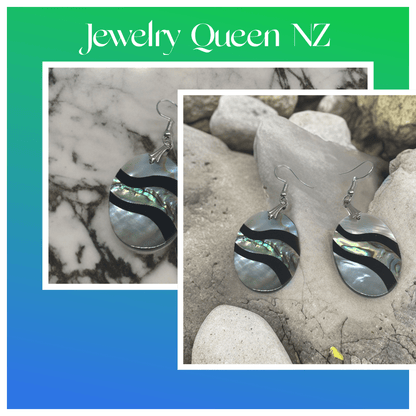 Oval Mother of Pearl & Paua drop dangle hook earrings. Earrings