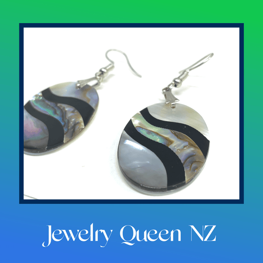 Oval Mother of Pearl & Paua drop dangle hook earrings. Earrings