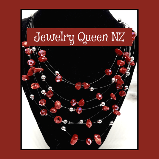 Red ochre 3 string crystal stone and bead necklace with earrings Jewelry Sets