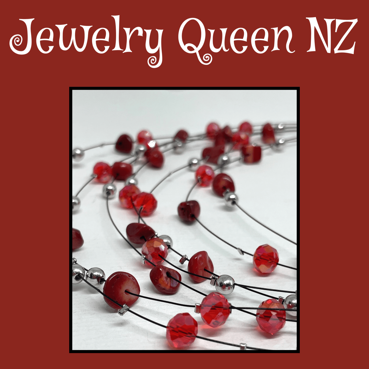 Red ochre 3 string crystal stone and bead necklace with earrings Jewelry Sets