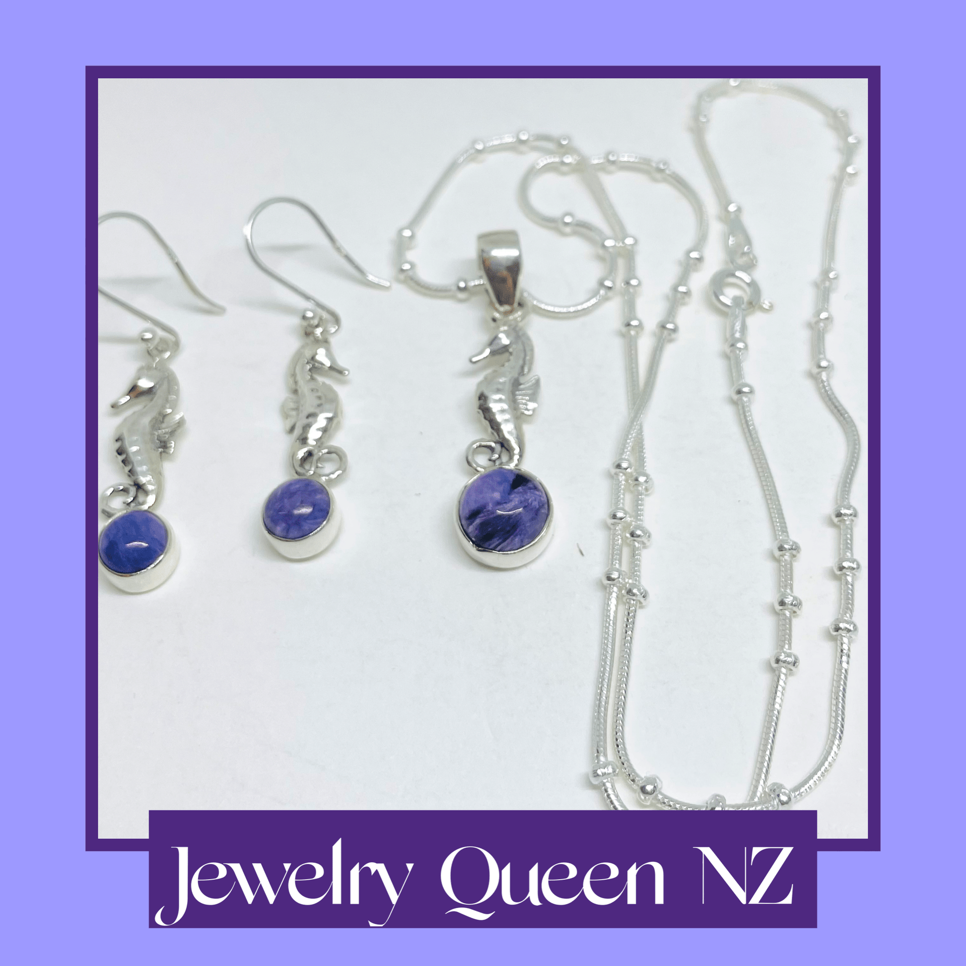 Sterling silver Seahorse and Siberian charoite necklace and earrings set